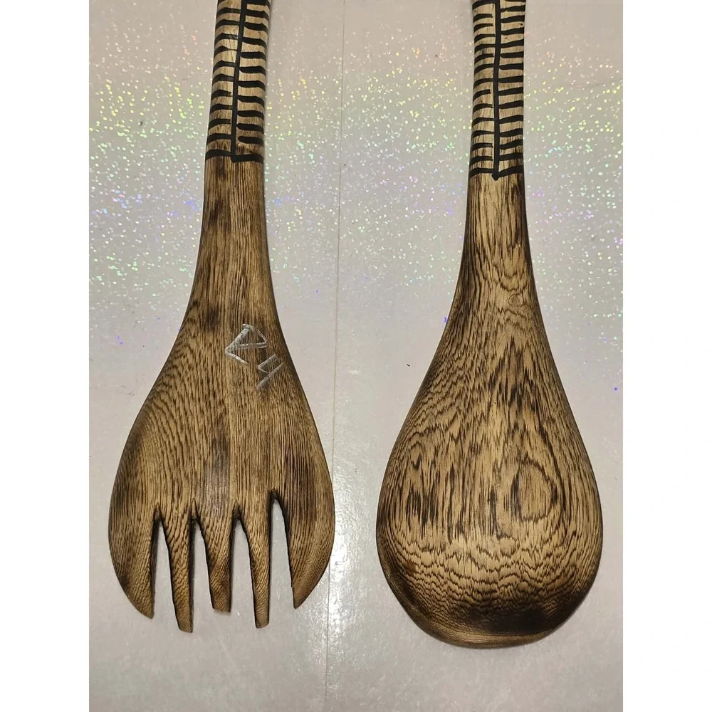 🦓 Vintage‎ Hand Carved Zebra Wood Salad Server Set – Rustic Safari 🦓